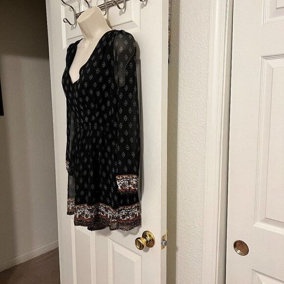 Poetry Black Boho Pattern Romper with Sheer Sleeves Size Small - Picture 3 of 8